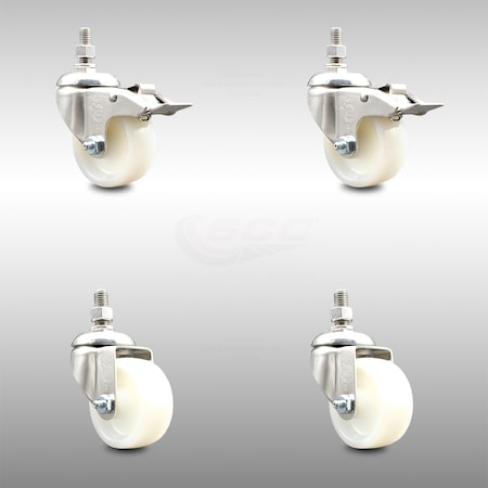 Service Caster 3 Inch 316SS Nylon Wheel Swivel 10mm Threaded Stem Caster Lock Brake, 2PK SCC-SS316TSTTL20S314-NYS-M1015-2-S2